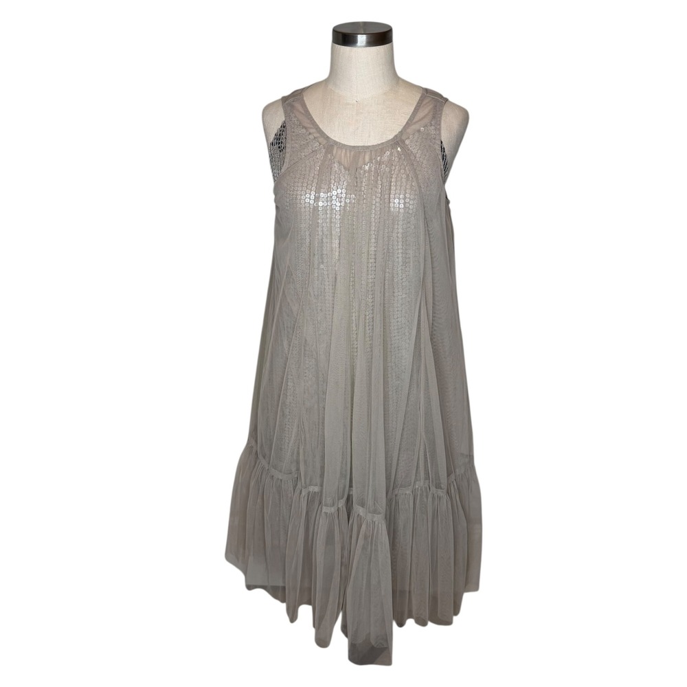 Tracy Reese New York Sequin Tulle Silk Lined Dress Taupe‎ Grey Bow Back Size Med
